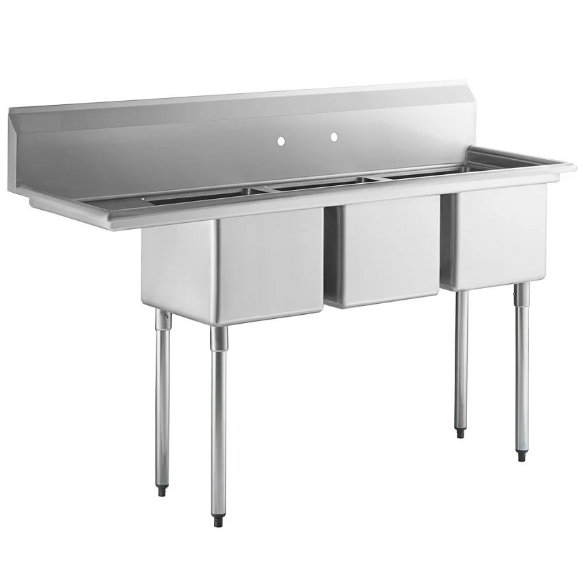 Wastafel kompartemen triple stainless steel dengan drainboard kiri