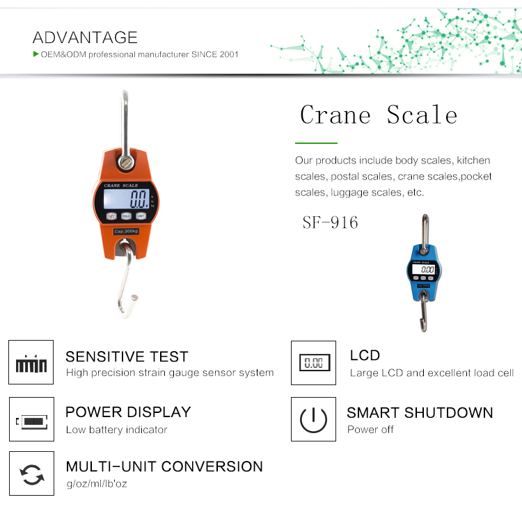 SF-916 electronic mini crane scale 300kg digital luggage portable  hanging scale 100kg electronic hook scale