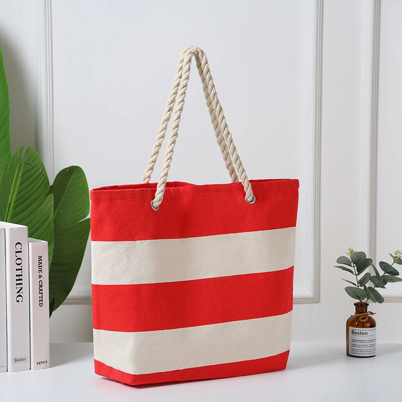 Stripe Printed One-Shoulder Beach Bag Student Fashion Canvas Large Capacity Beach Bag
