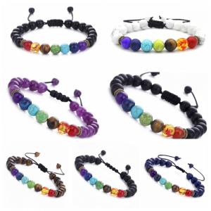 Hombres y mujeres 8 mm lava 7 Chakra difusor de aceite esencial pulsera cuerda trenzada piedra natural pulsera de cuentas de yoga pulsera