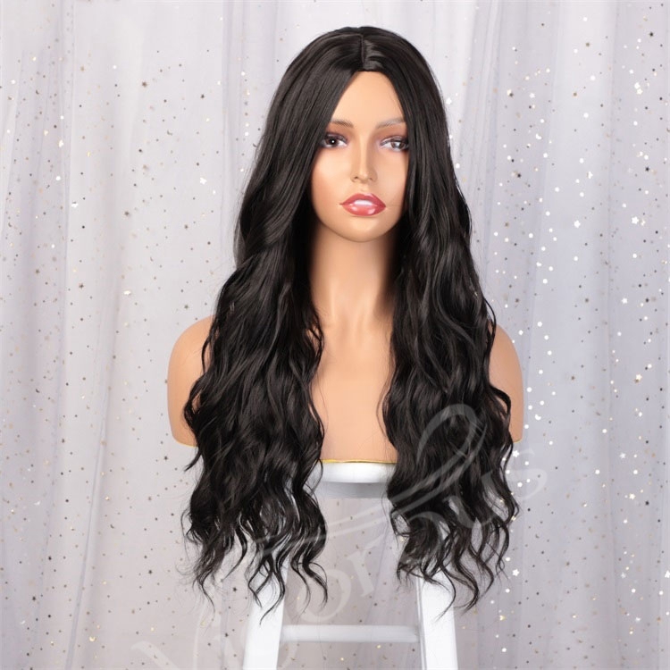 Vigorous Daily Use Women hair Long Wavy Middle Part Synthetic Black For Black Women Heat Resistant Fiber Wigs Wholesale