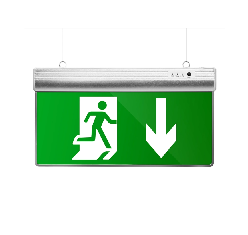 Green emergency exit signs for shopping malls