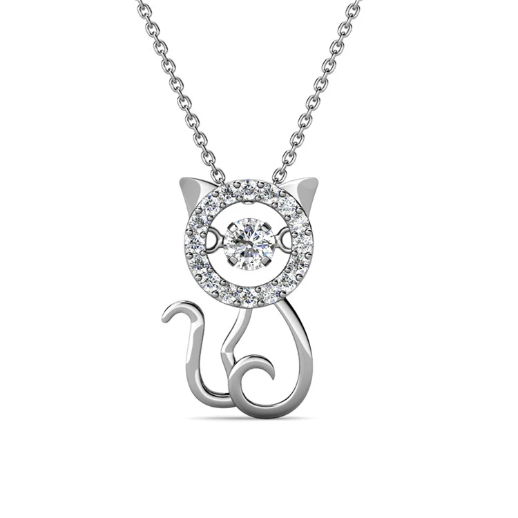 Delicate Dancing Sparkling Crystal Cute Kitty Cat Gold Pendant Necklace for Women