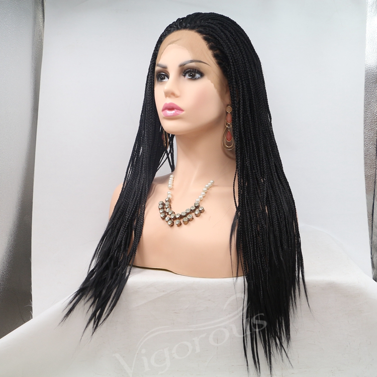 Long straight black cheap wholesale high quality heat resistant synthetic braided wig with lace front