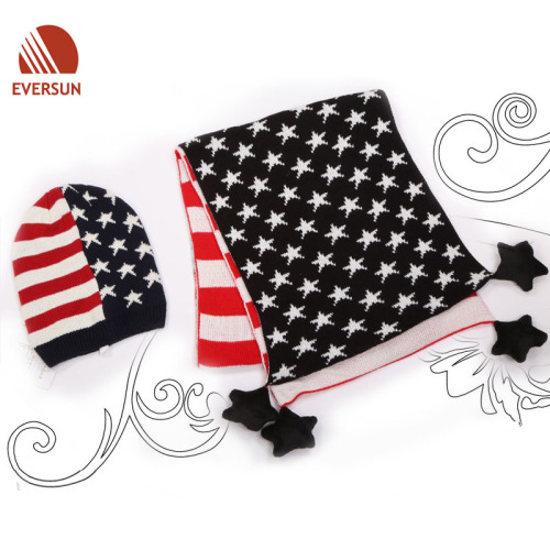 Acrylic Knitted Us Flag Star Jacquard Hat and Scarf