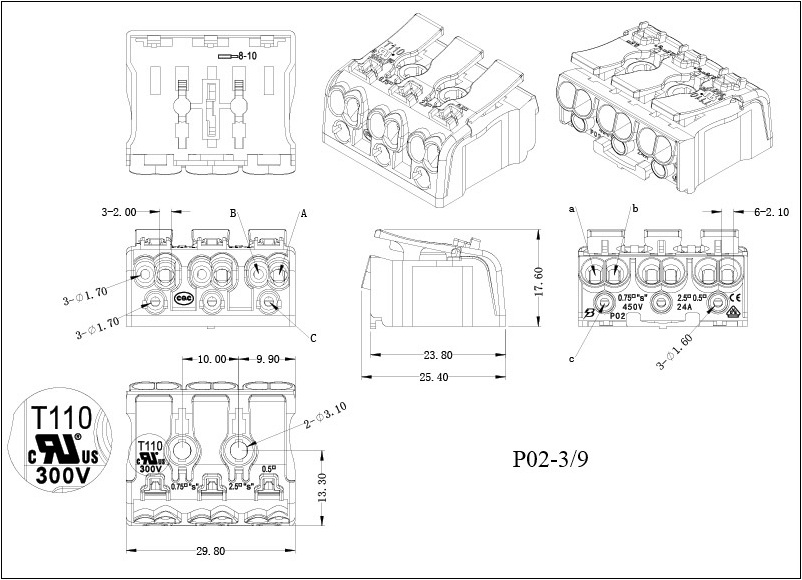 3 pins fast connection push wire connector