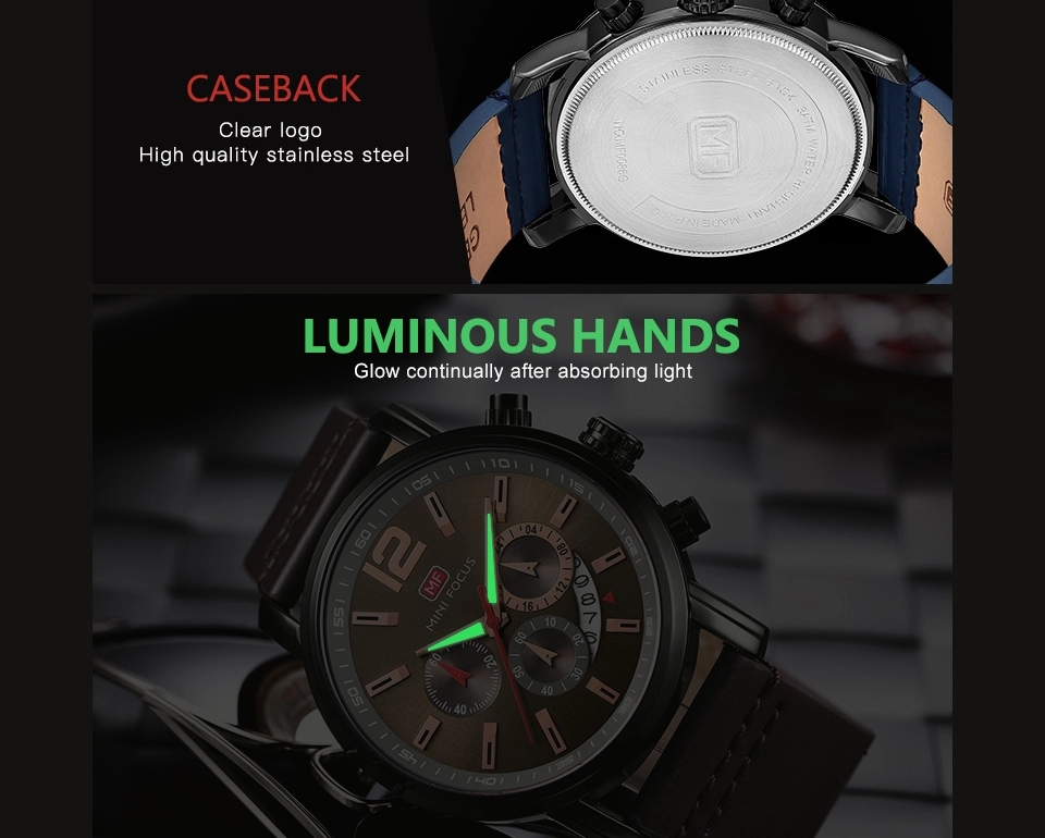 MINI FOCUS 0086 Chronograph Watch Military Sports Watches Men Wristwatches Quartz Movement Leather Relogio Masculino