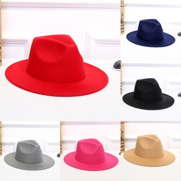 25# Autumn Winter Womens Felt Hat Fedoras Big Brim Hats For Women British Style Vintage Church Hats Lady Flat Brim Fedoras