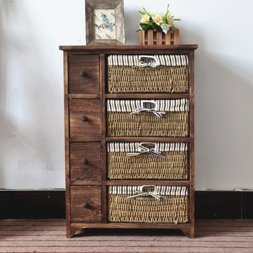 4 Tier Wood Cabinet With Drawers Rattan Basket