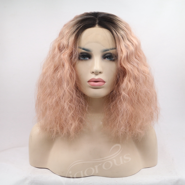 Vigorous ombre short bob premium high quality curly wholesale black women synthetic hair wigs with lace front