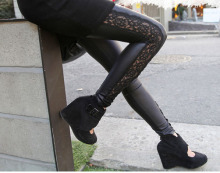Female Side Flower Lace Spliced Faux Leather Pants 9016