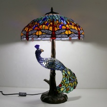 Tiffany-Style 18 Inch Light Dragonfly Table Lamp with Peacock Base