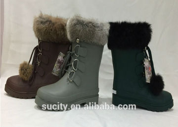 sexy ladies white fur lined waterproof ankle rubber boots with shoelace