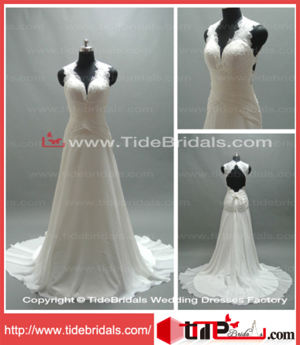 Lace V-Neck Open Back Party Evening Chiffon Bride Gown Bridal Dress Wedding Dress (LT2160)