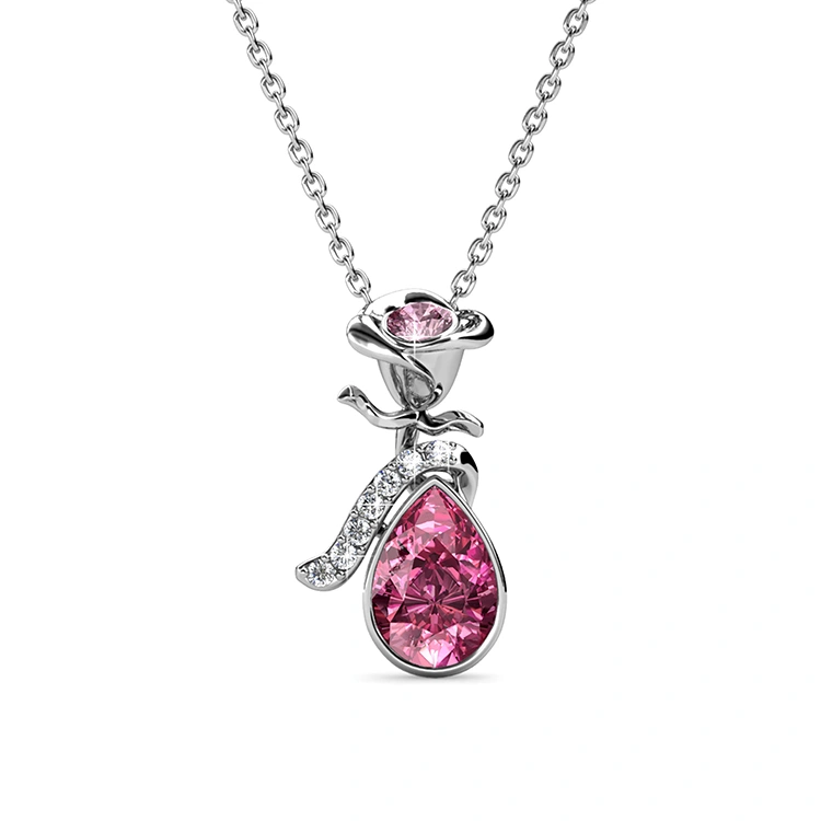 High Quality Pink Rose Flower Dew Pendant Necklace Jewelry for Women