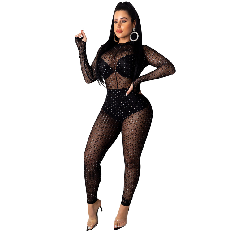 C3710 2019 Women hot selling fashion sexy lace mesh jumpsuit gold blocking see through jumpsuit long sleeve women hollow out