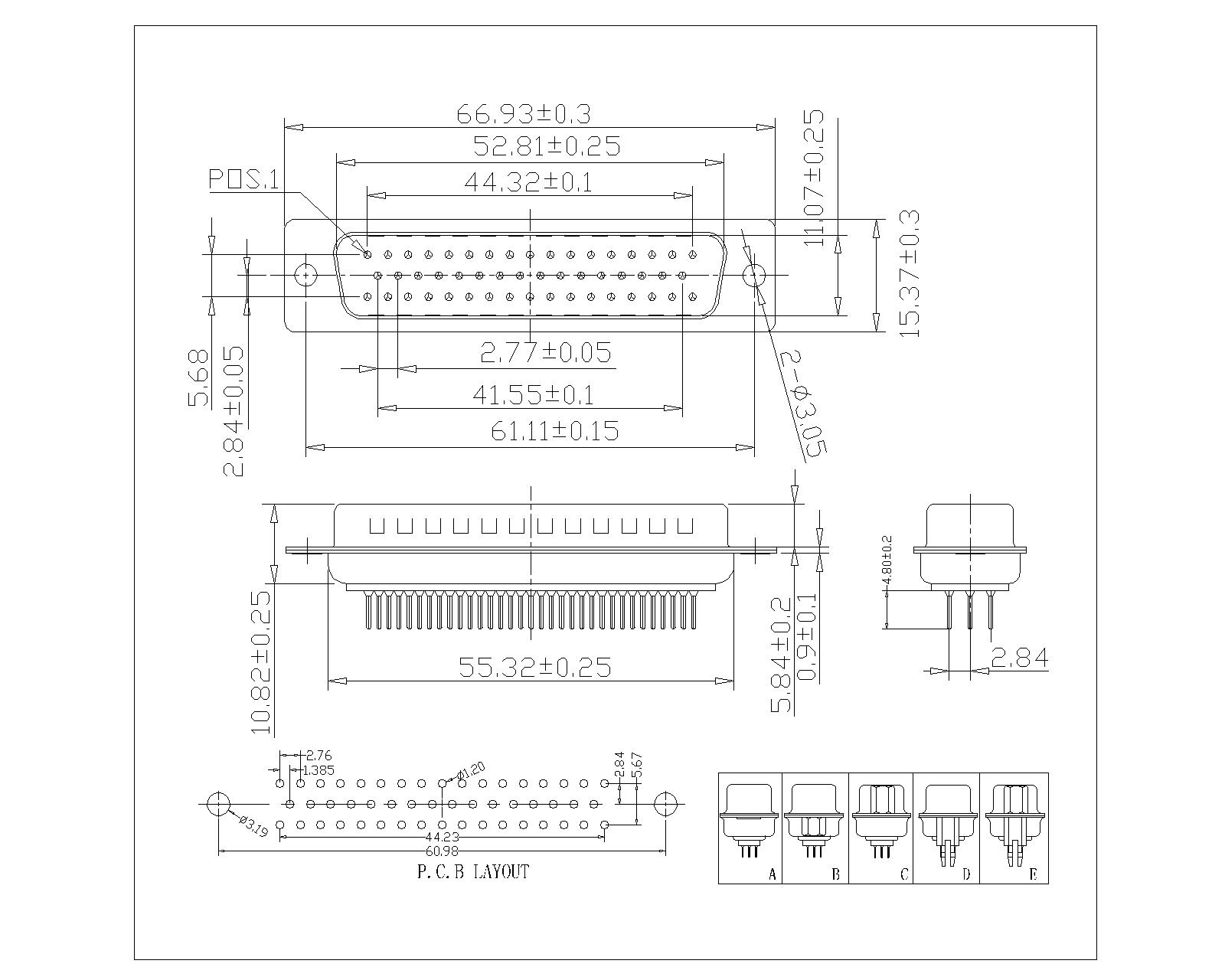 DP02-M50AOBS D-SUB PCB Male Three Row 50 Pin(Pitch=2.77mm)Straight(stamped Pin) 