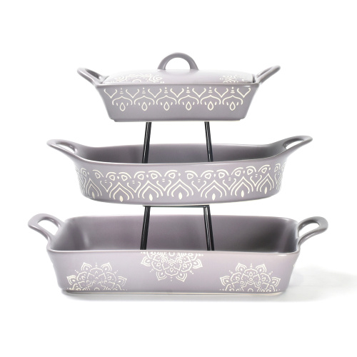 Matt grey purple Stamping Ceramic Dinnerware Set