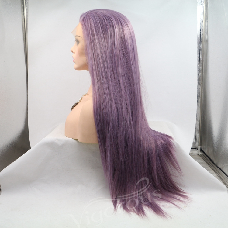 Vigorous mono long purple premium high quality straight wholesale black women synthetic hair wigs with lace front