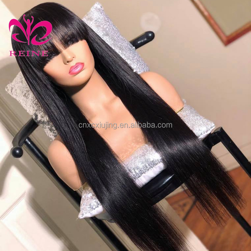 Cheap 100% Human Hair Wig With Bangs Straight Human Hair Wigs For Black Women Cheap Brazilian Straight Black Long Fringe Wig