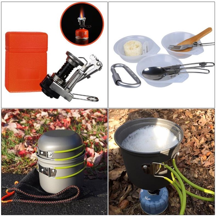 Outdoor Camping pan Hiking Cookware Set, Backpacking Cooking Picnic Bowl Pot Pan Set , Camping Cookware Mess Kit Knife Spoon