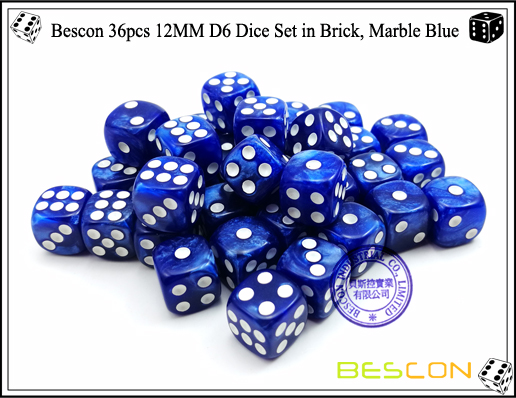 Juego de dados Bescon 36pcs 12MM D6 en ladrillo, Marble Blue-5 Bescon 36pcs 12MM D6 Dice Set in Brick, Marble Blue-5