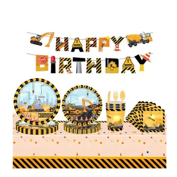 82-PC Construction Truck Theme Disposable Tableware Set for Kids' Birthday Party Decorations