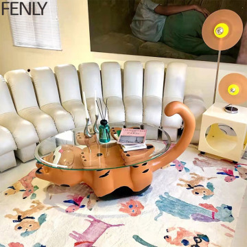 Modern Designer Garfield Coffee Table - Luxury Glassfiber with Lucky Cat Wooden Top