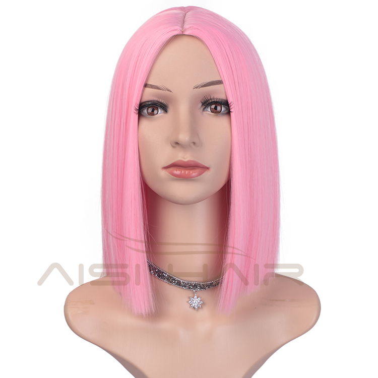 150 Length Hair Heat Resistant Wig For Black Women Pink Short Straight Bob Synthetic Middle Part Shoulder Hair Wigs