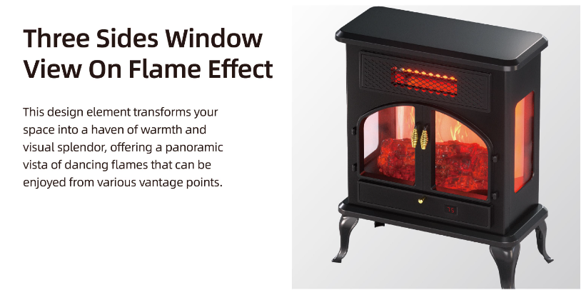 Electric Stove Heater 1400W Freestanding Fireplace With Wood Stove Flame Effect - Two Doors