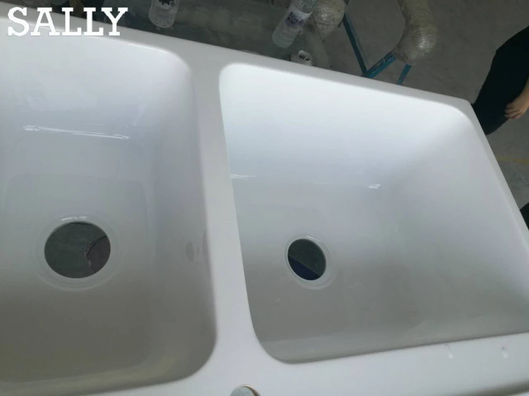 Sally White Acrylic 33.8X22.8X10.4 Inch Drop-in Basin Vanity Cabinet Washing Double Bowl Laundry Sink for Shower Room Bathroom or Kitchen
