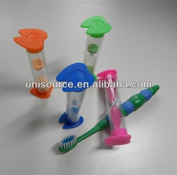 Tooth shape cap stand up hourglass timer, Special unique stand up sand glass, different color sand timer for Children brushing