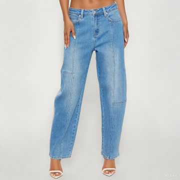 Women Fashion Contrast Fabric Jeans Patchwork Barrel Leg Denim Pants