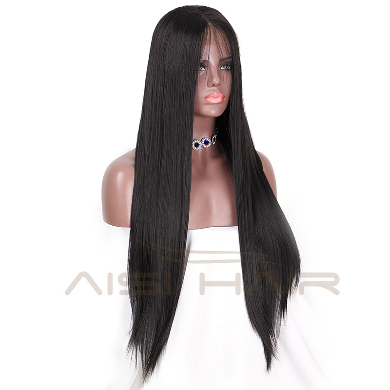Aisi Hair Wholesale Long Silky Straight Black Synthetic Lace Front Wigs With Baby Hair For Women Heat Resistant Fiber
