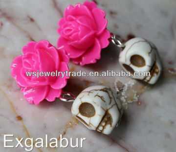 2013 fashion earring,Day of the Dead Sugar SKULL Post Earrings Stud Frida Kahlo Pink Flower Turquoise