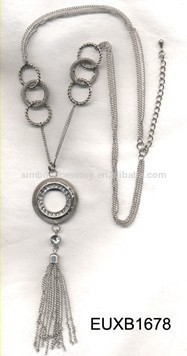 2015 new rhodium plating metal chain tassel necklace with rhinestones hoop ,pendant necklace,long chain necklace jewelry