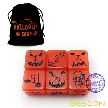 Set of 6 Bescon Luminous Halloween Dice 6 Sides, Glow in Dark 6 Sided Halloween Dice Set in Velvet Pouch