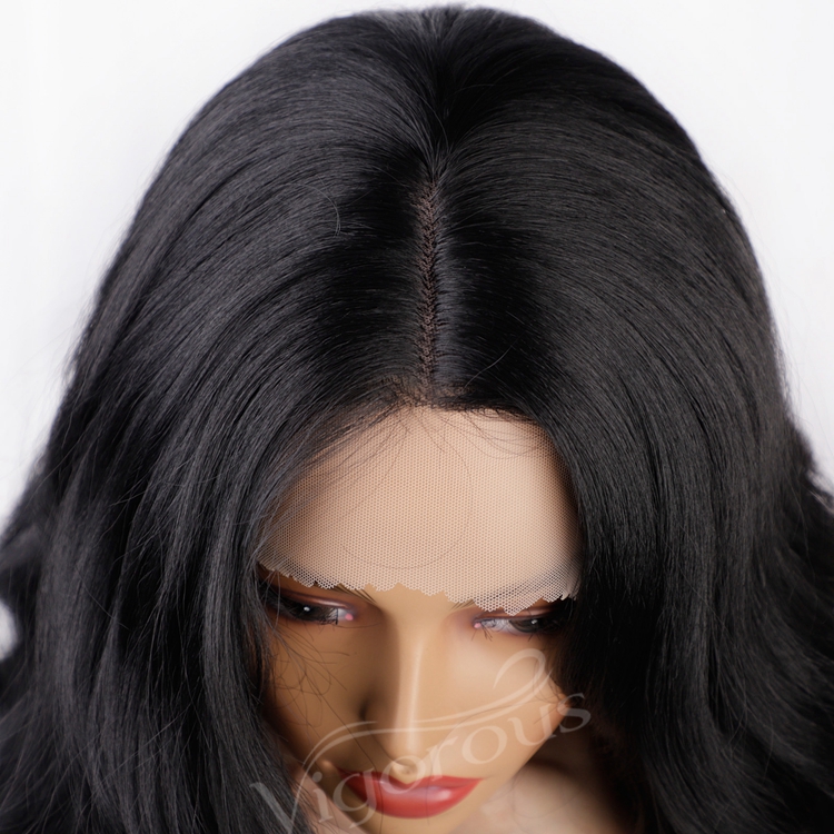 Heat Resistant Private Label Middle Part Synthetic Blend lace Long Body Wavy Mono Black Wig Women Cosplay Fiber Curly Wig