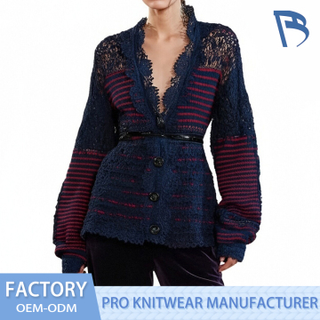 Striped Blue and Red Knit Top with Lace