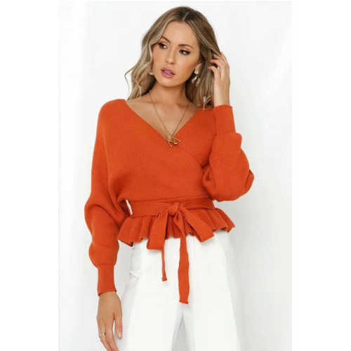 Women&#39;s V Neck Belted midje ruffle pullover topp