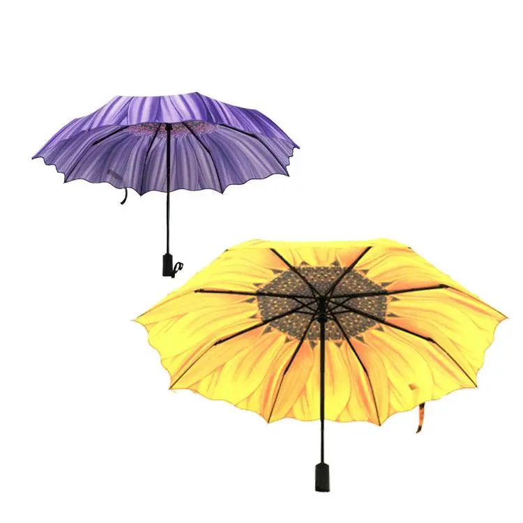 Auto Open and Close 3 Foldable 190t Pongee Irregular Sunflower Umbrella