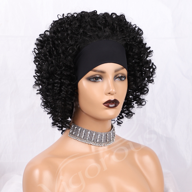 Headwrap Afro Fiber Cheap Wholesale Attached 1B Black Spring Curly Synthetic Hair Headband Wigs For Black Women