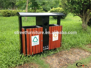 Waterproof 2 compartment wooden recycle bin metal frame