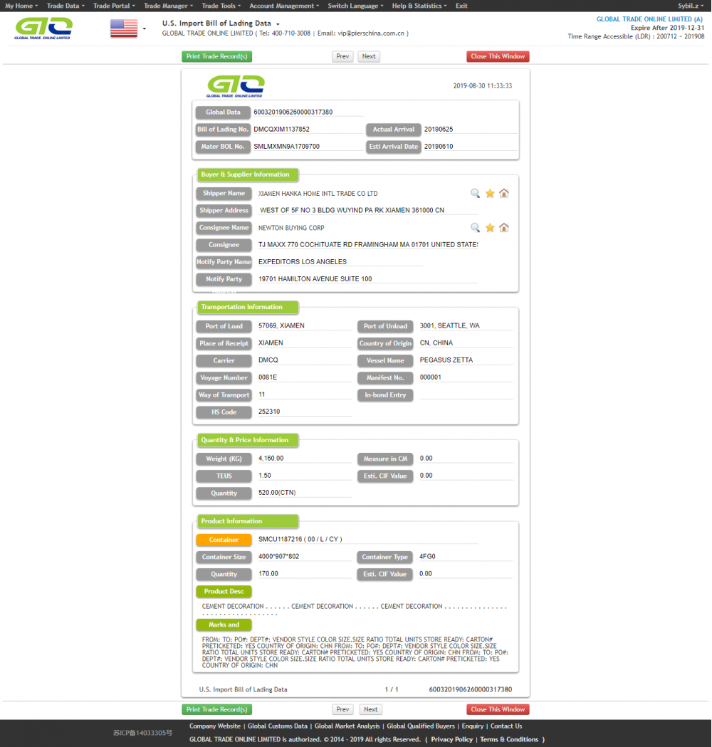 Importadores de cemento de EE. UU. COMPRA DE DATOS DE COMPRA