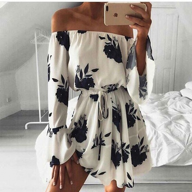 Women Summer 2019 Beach Floral Boho Dress Loose Printing Sexy Off the Shoulder Flare Sleeve Empire Flash Neck Mini Dress