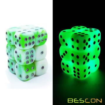 Bescon Two Tone Glowing Dice D6 16mm 12pcs Set Luminous Jade, 16mm Six Sided Die (12) Block of Glowing Dice