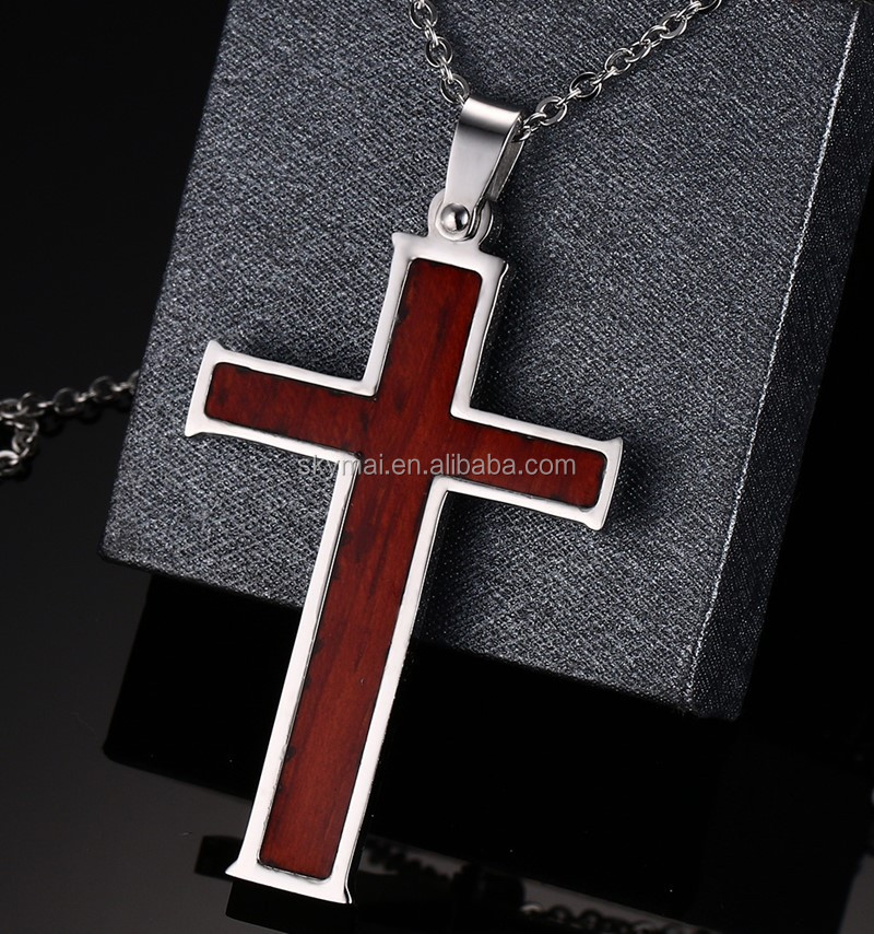 2021 fashion wooden stainless steel cross necklace for men