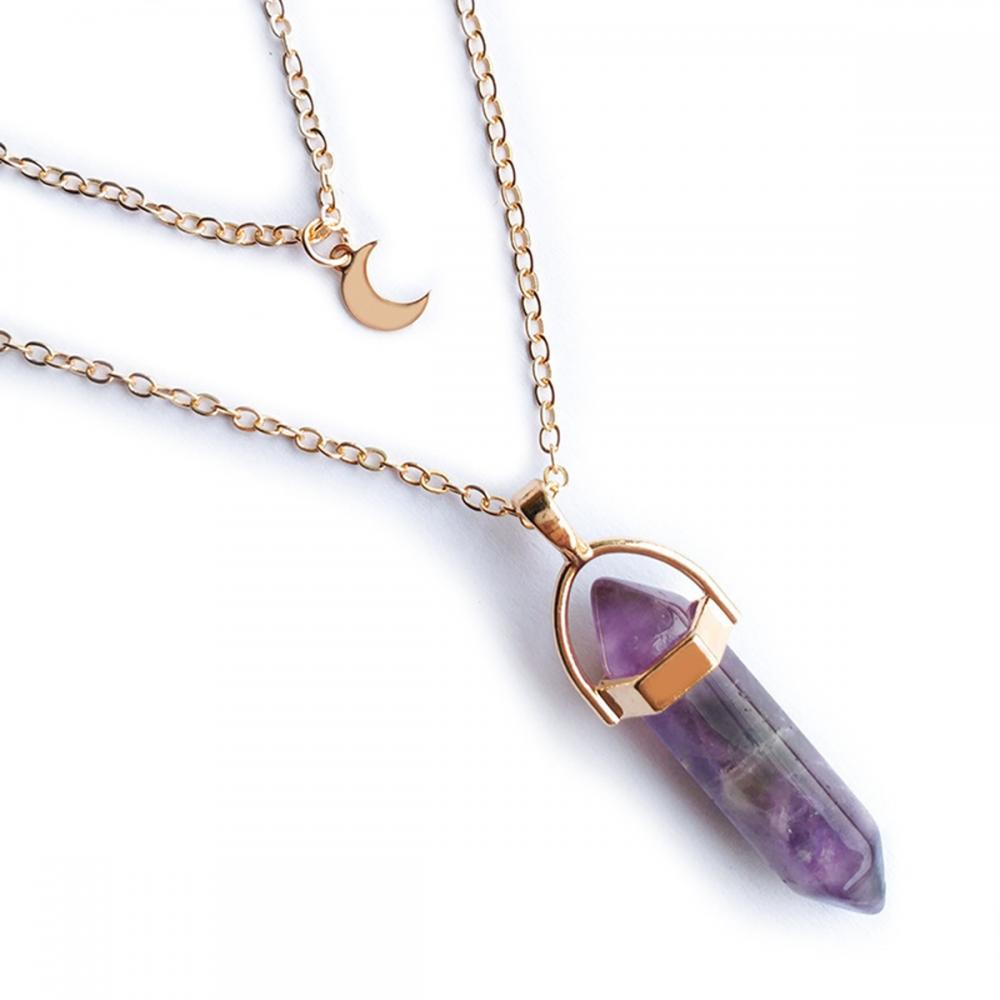 Guérison Chakra Gemstone pointu pointu pendentif pendentif en couche de lune en cristal collier en métal or bijoux de tour de cou pour femmes