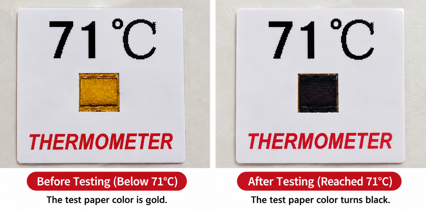 Наклейка с индикатором температуры 71°C — сравнение до и после 71°C Temperature Indicator Sticker – Before and After Comparison