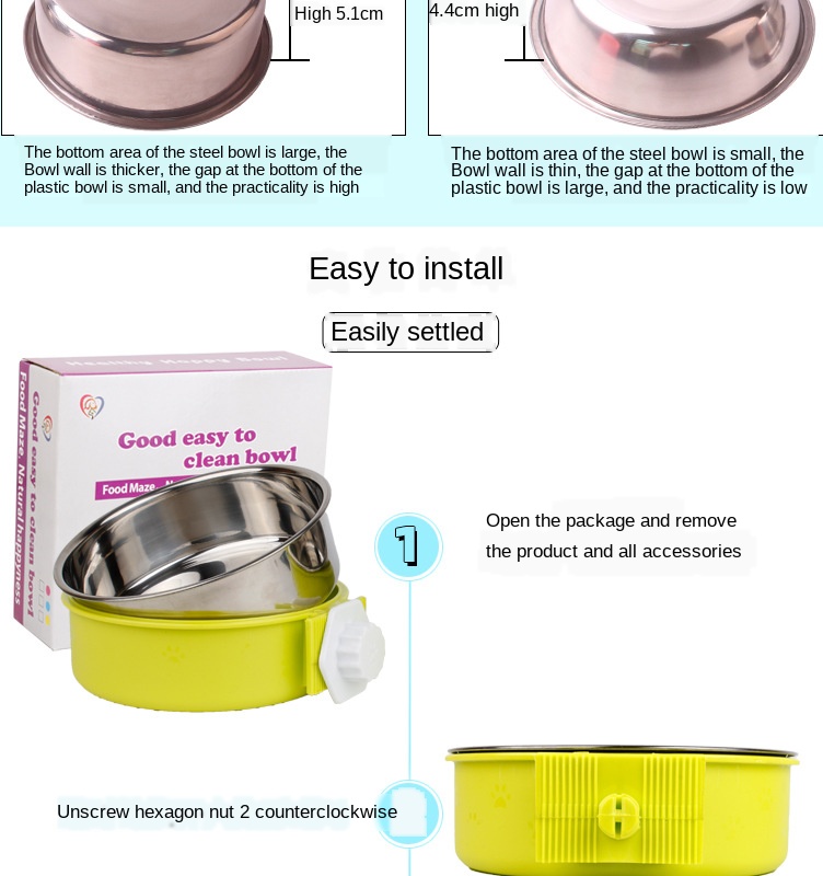 Pet bowl feeder stainless steel cage hanging fixed dog basin